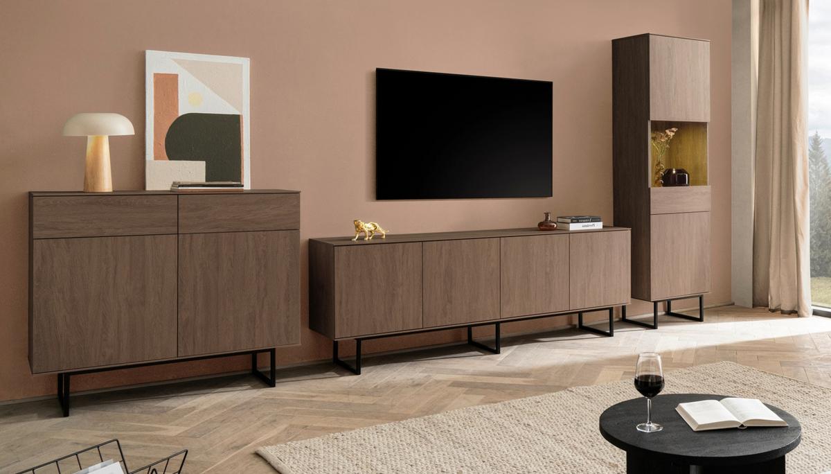 WOHNWAND in Nussbaum 3-teilig 400 cm, Komplett-Set mit Push-to-Open - Nussbaumfarben/Schwarz, Glas/Holzwerkstoff (400/200/40cm) - Furn.Design