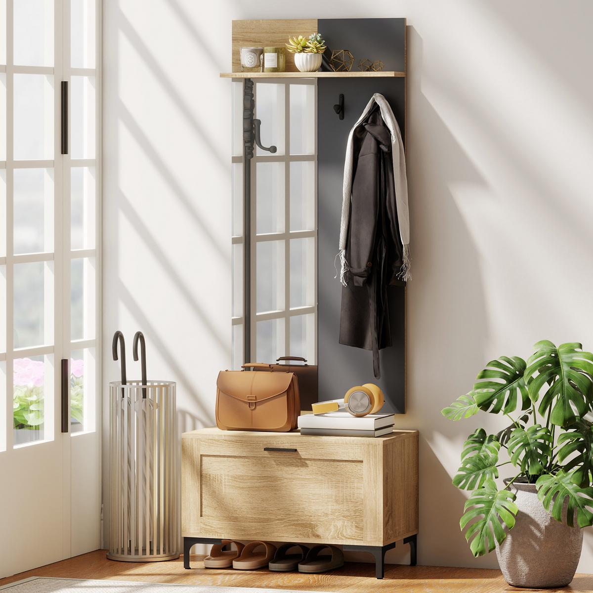 GARDEROBE-SET MDF Spiegel Naturholz - Schwarz/Naturfarben, Holzwerkstoff/Metall (13.5/127.5/60cm) - HOMCOM