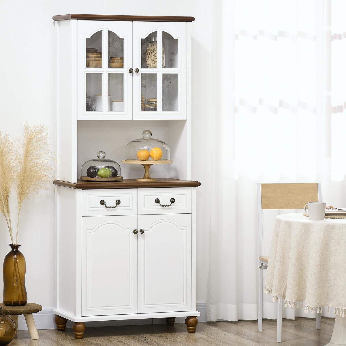 KÜCHENSCHRANK, Küchenbuffet mit 2 Schubladen, 4 Türen, offenem Fach, Hochschrank - Dunkelbraun/Weiß, Holzwerkstoff/Metall (38/182/76cm) - HOMCOM