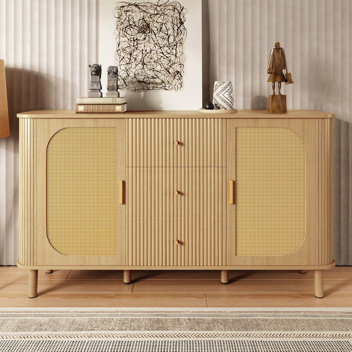 BUFFET in Naturholz- und Rattanoptik, Beige - Naturfarben, Holzwerkstoff (40/80/140cm) - Urban Meuble