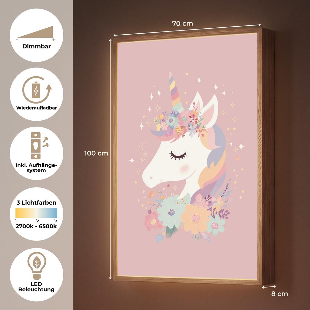 WANDLEUCHTE MIT AKKU Einhorn - Rosa - Blumen 70x100 cm - Rosa, Holzwerkstoff (70/100/8cm) - OnlyWow
