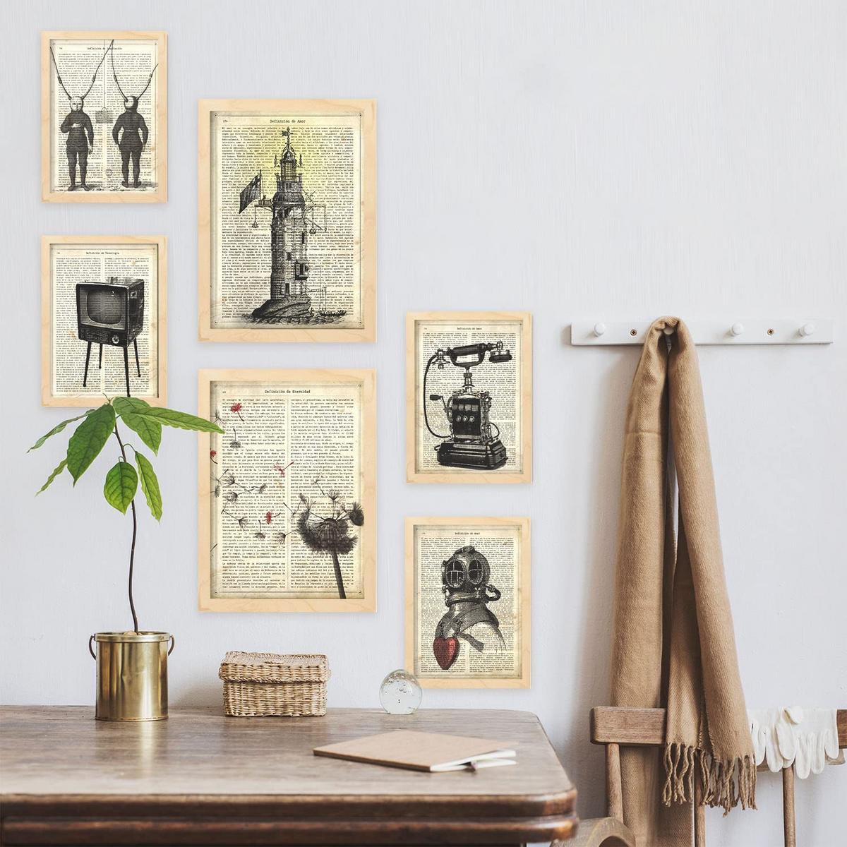 POSTER Set Mit 6 Jahrgang Vintage Papier Plakate Mit Enzyklopädie Revolutionäre Erfindungen Aus Dem Letzten Jahrhundert A3 & A4 Rahmen Aus Hellem Holz - Beige, Papier (29/3cm) - Nacnic