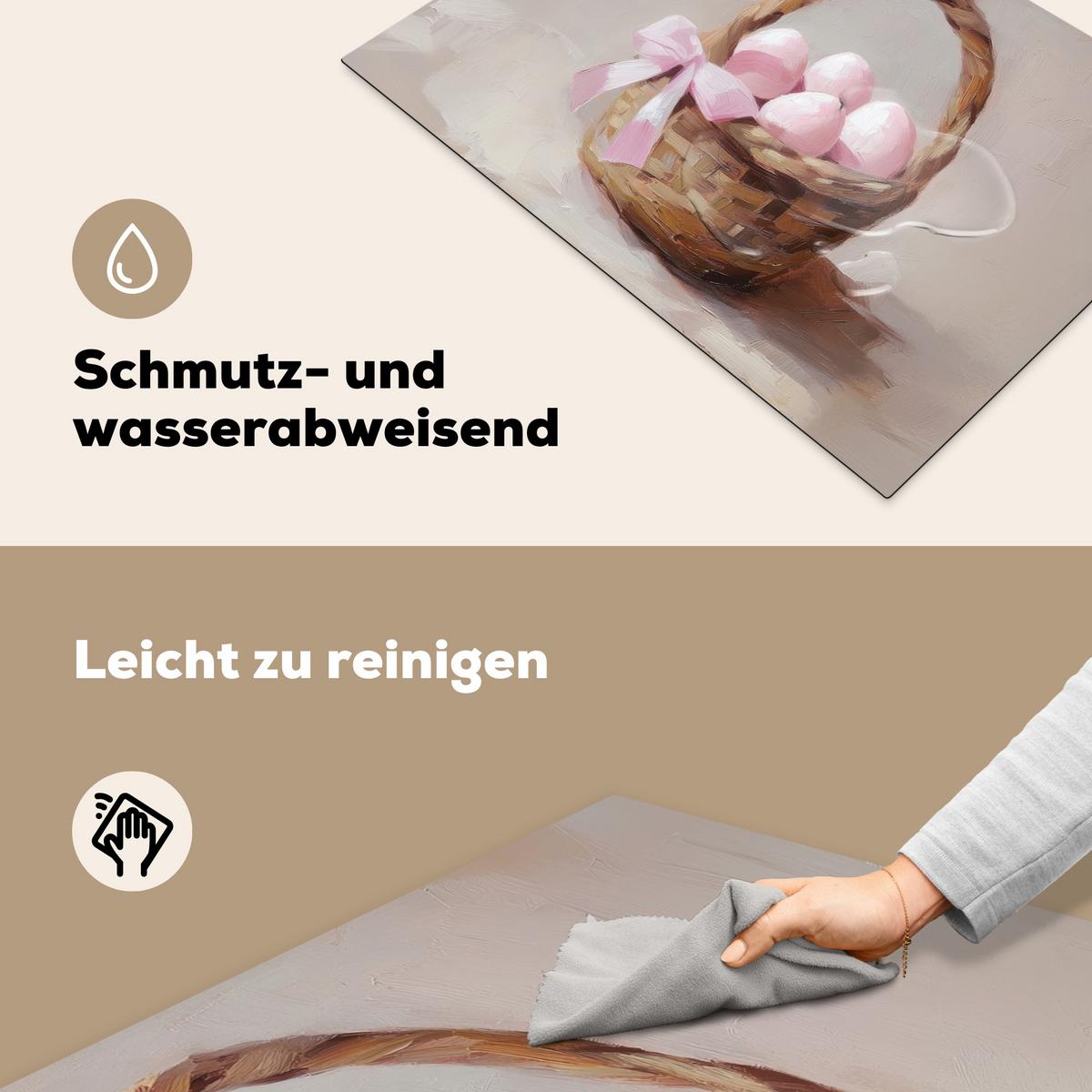 HERDABDECKPLATTE Korb - Eier - Rosa Herdabdeckung Induktionsfeld 75x52 cm - Beige, Kunststoff (75/52/0.2cm) - MuchoWow