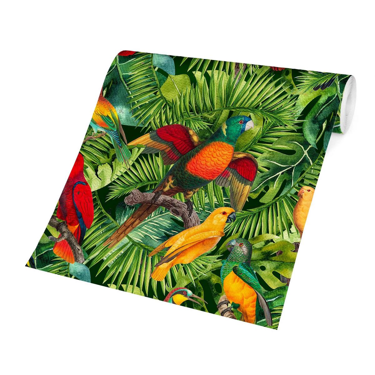 FOTOTAPETE Bunte Collage - Papageien im Dschungel 240/240 cm - Multicolor, Papier (240/240cm) - Bilderwelten