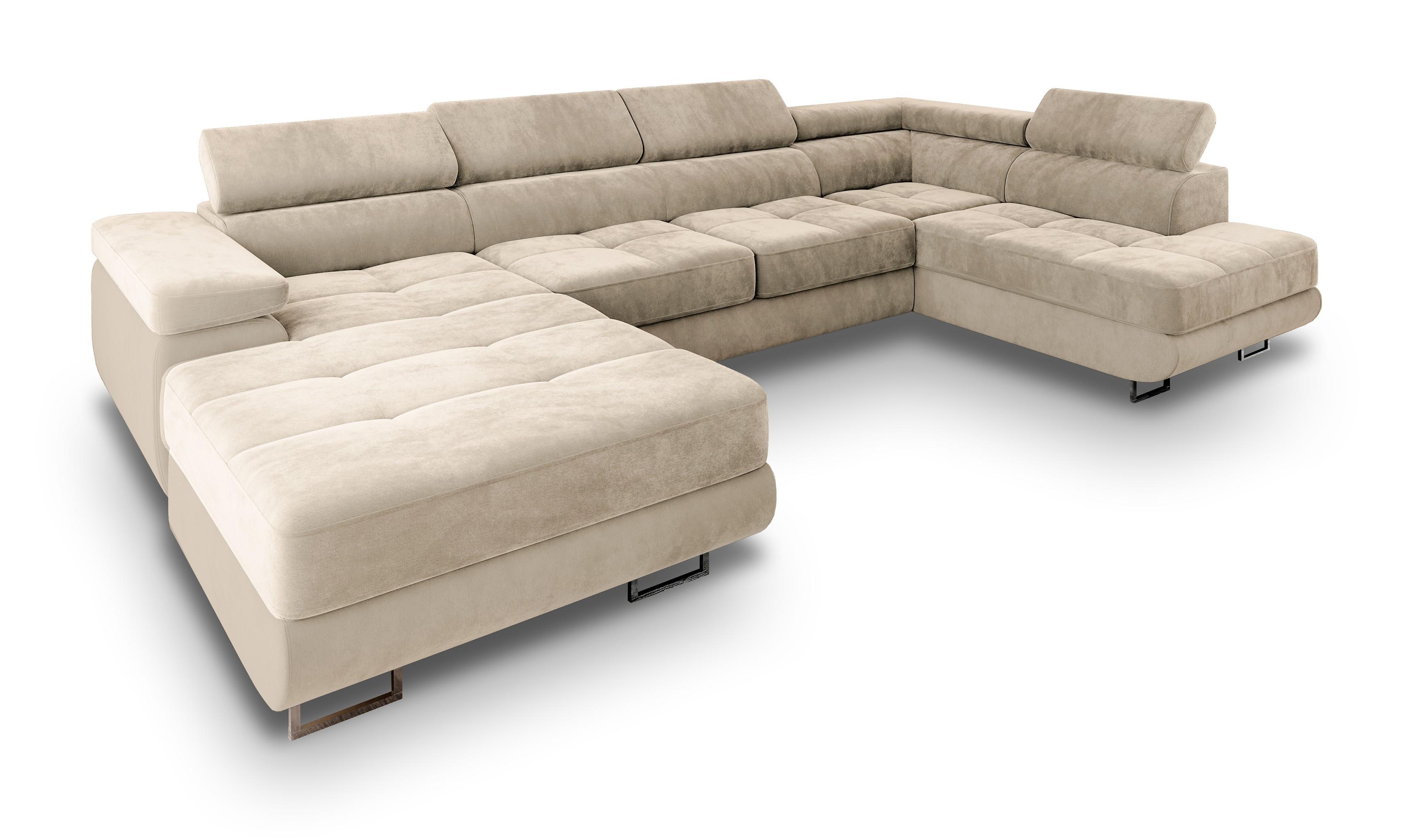 WOHNLANDSCHAFT CASONE R-S Creme Velours-Stoff mit Schlaffunktion - Silberfarben/Creme, Holz/Textil (345/90/202cm) - MASSENO