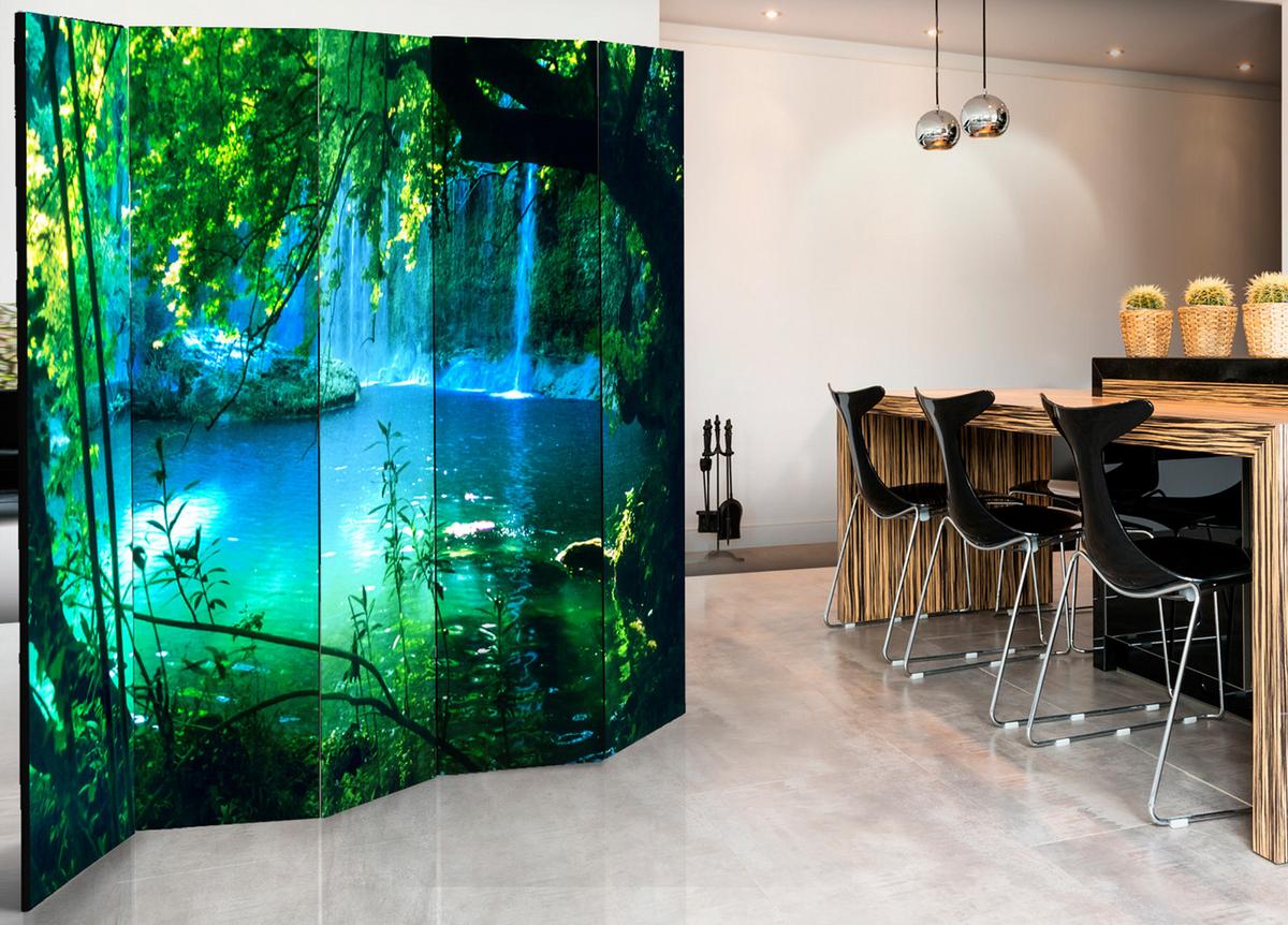 PARAVENT Beidseitig Bedruckter 5-tlg 225x172 cm Wasserfälle Natur 3D - Blau, Holz/Textil (225/172/3cm) - Muralo
