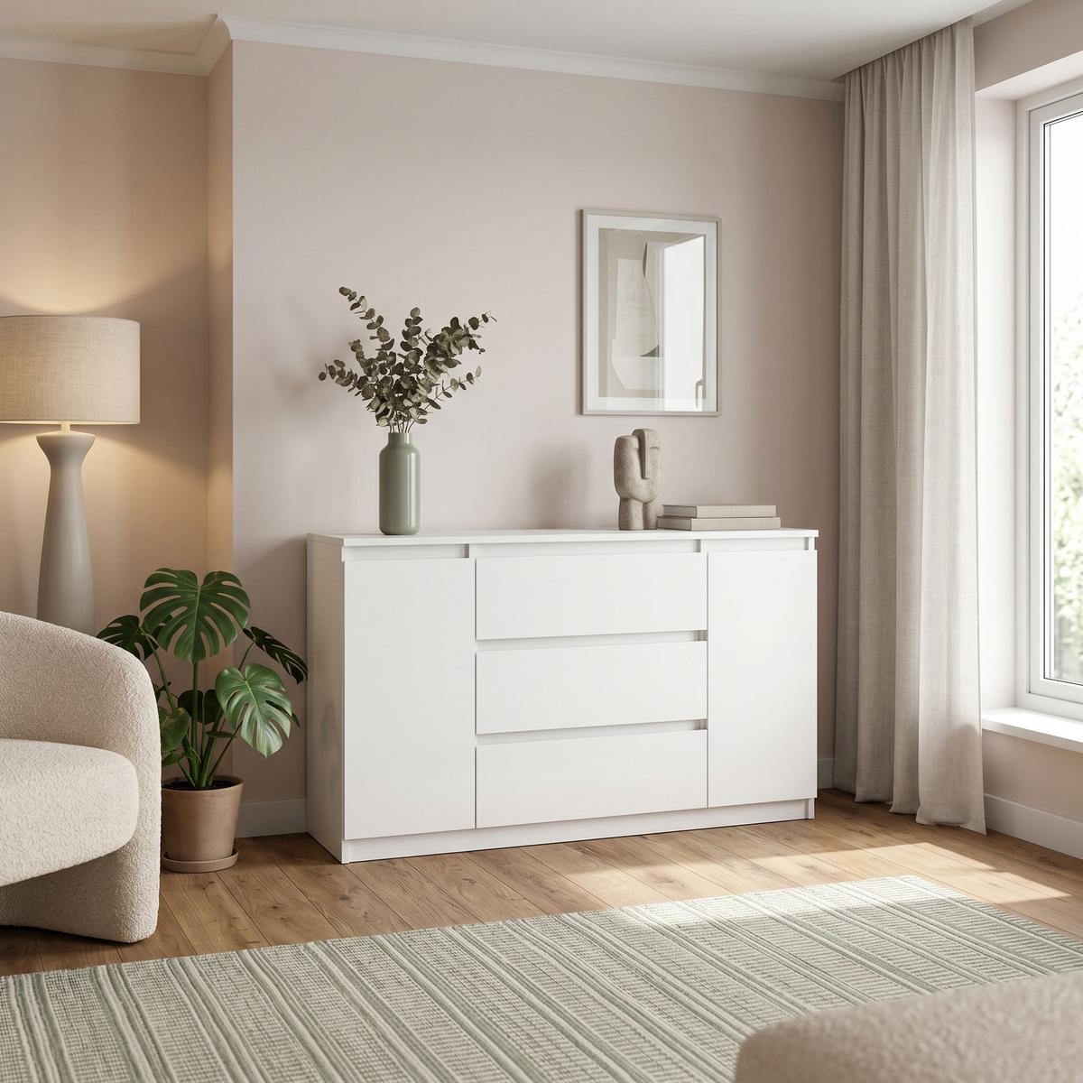 KOMMODE NUDO 120/78,5/39cm mit 3 Schubladen 2 Türen Weiß - Weiß, Holzwerkstoff (120/78.5/39cm) - MASSENO