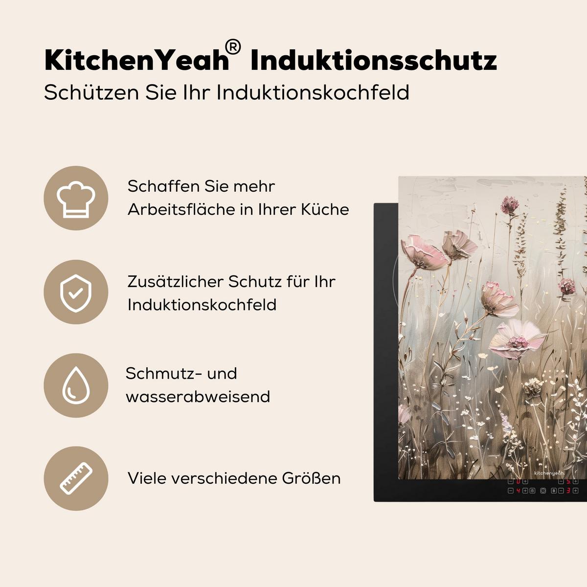 HERDABDECKPLATTE Blumen - Beige - Trockenblumen Induktionsmatte 78x78 cm - Beige, Kunststoff (78/78/0.2cm) - MuchoWow