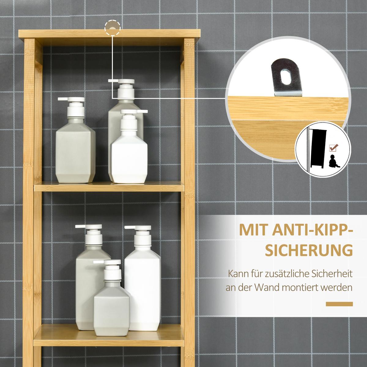 HOCHSCHRANK mit 3 offenen Fächer und 1 Schrank, kleine Räume, Natur - Naturfarben, Holz/Bambusholz (30/173/34cm) - Kleankin