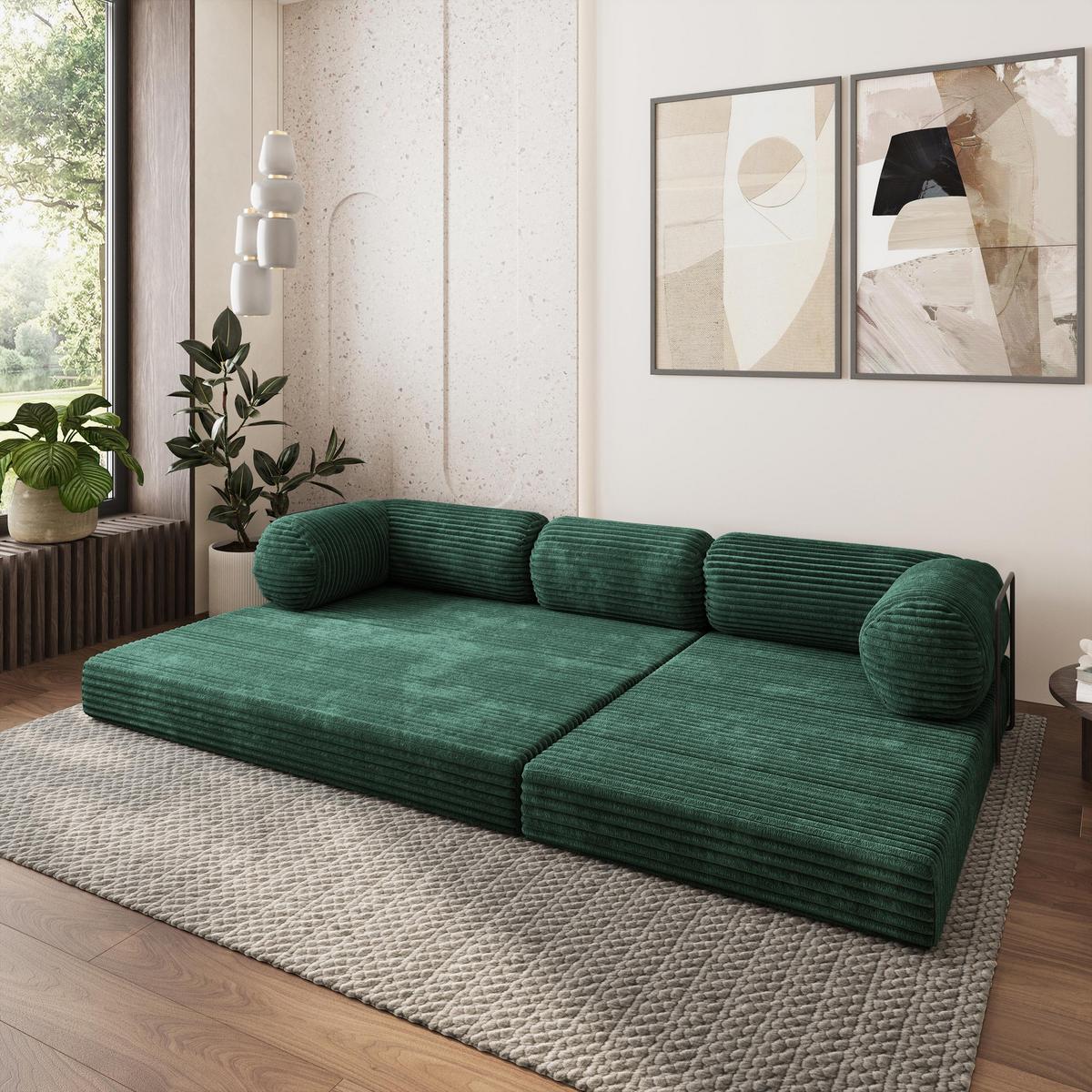 ECKSOFA ETERA modulares Boneless Sofa mit Schlaffunktion Grün Kordstoff - Grün, Textil (270/160cm) - MASSENO