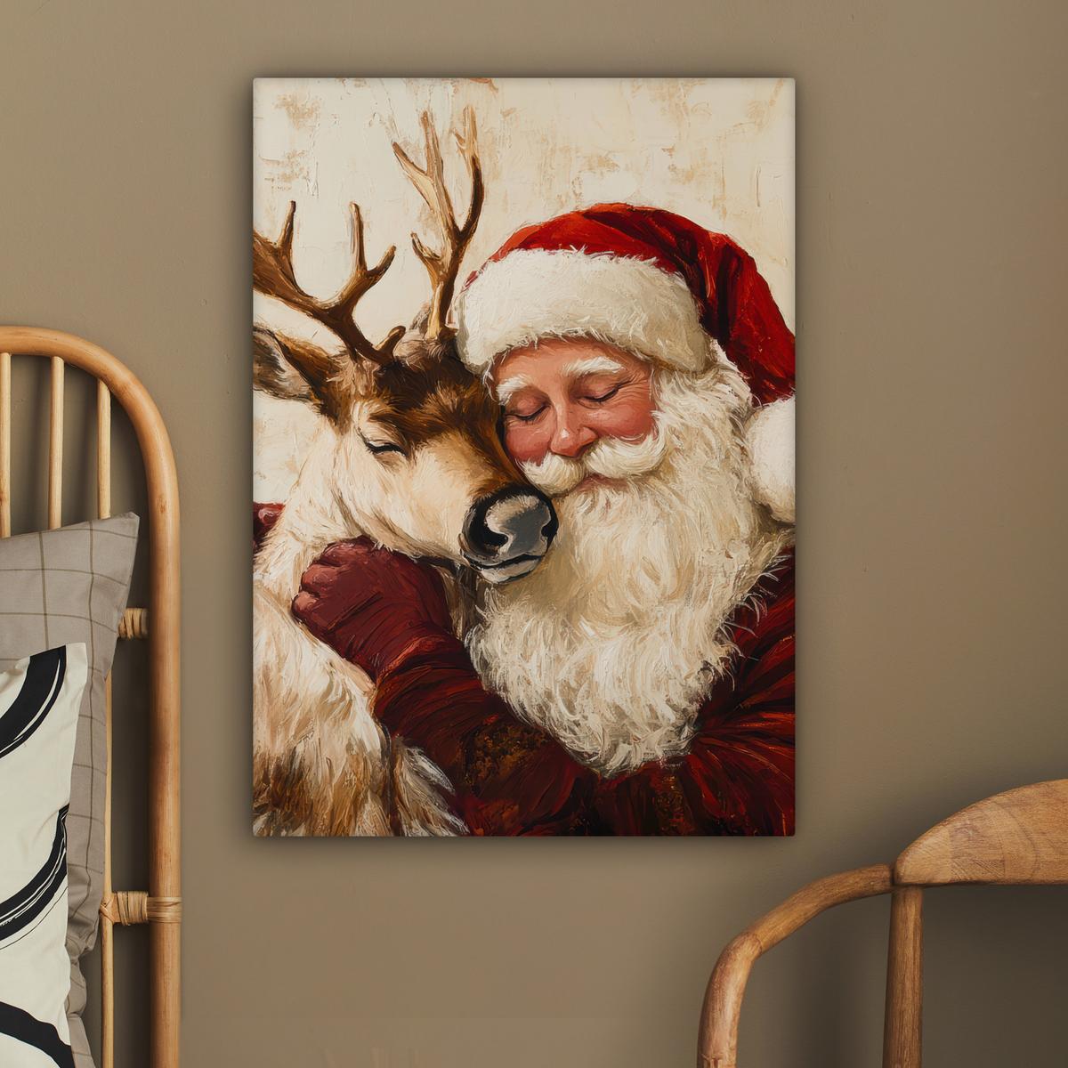LEINWANDBILD Weihnachtsmann - Rentier - Weihnachten Wandbild Wohnzimmer 60x80 cm - Rotbraun, Textil (60/80cm) - MuchoWow