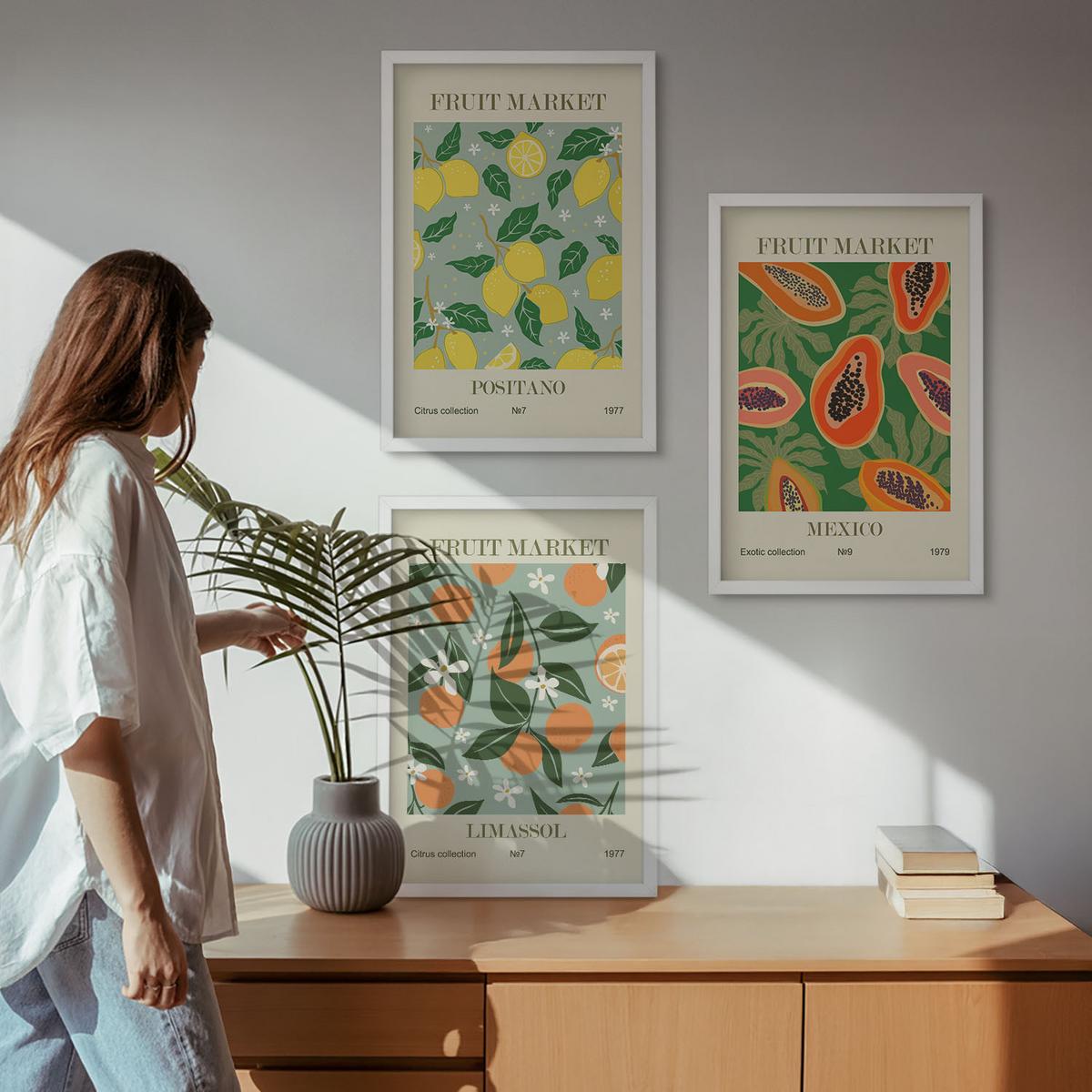 BILDER SET 3er Set - 40x60 cm Weißer Rahmen - Fruchtposter Zitronen Papayas - Weiß, Kunststoff (40/60cm) - TULUP