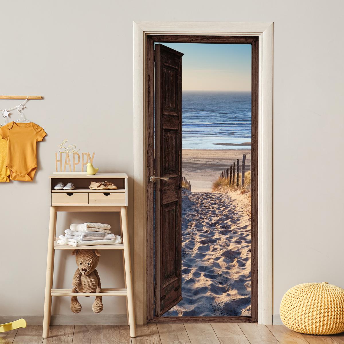 TÜRAUFKLEBER Durchblick - Strand - Meer - Weg - Dünen 80x215 cm - Türtapete - Sandfarben, Kunststoff (80/0.1cm) - MuchoWow