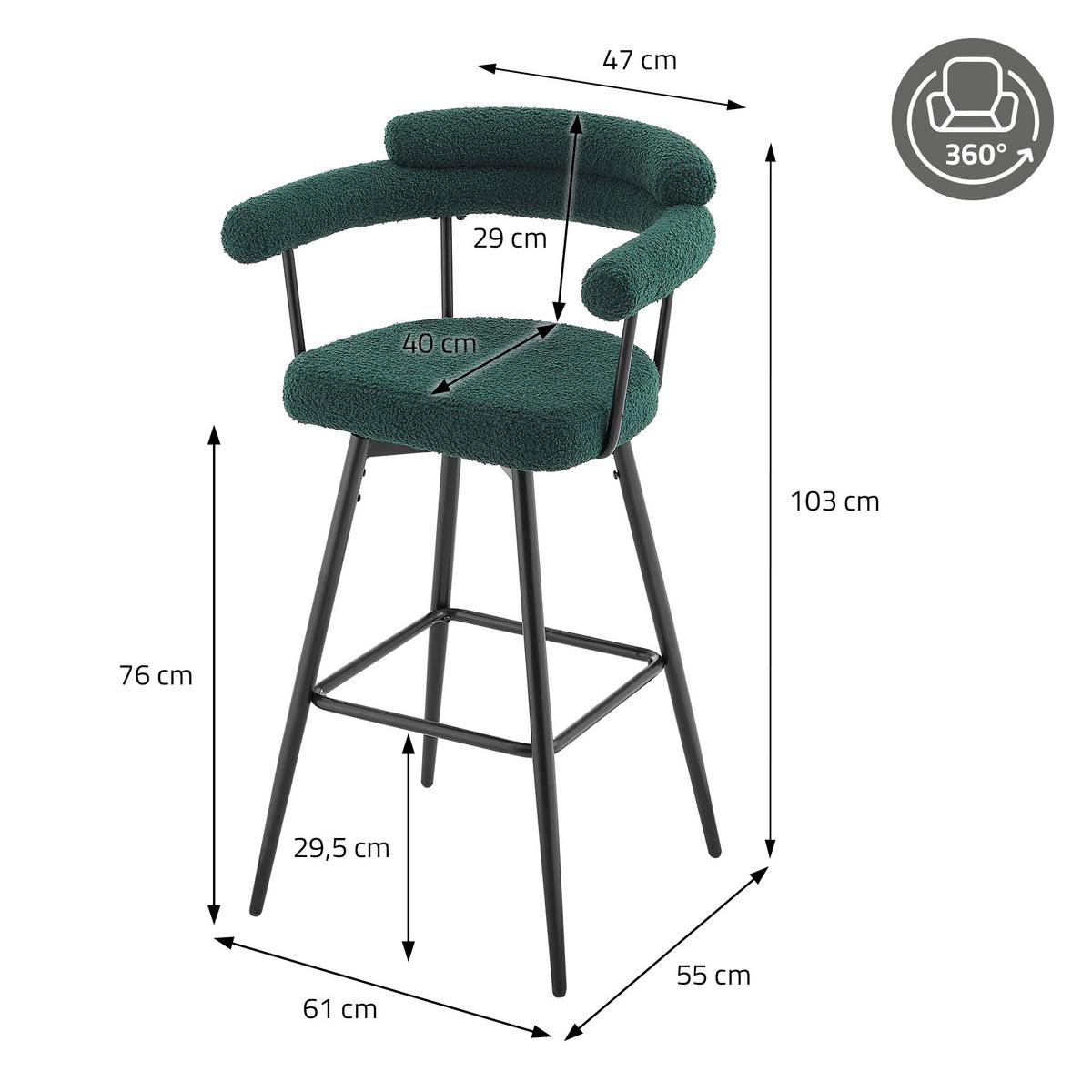 BARHOCKER 2er Set drehbar Dunkelgrün mit Teddy-Stoff 76 cm hoch - Dunkelgrün/Schwarz, Textil/Metall (61/103/55cm) - ML-DESIGN