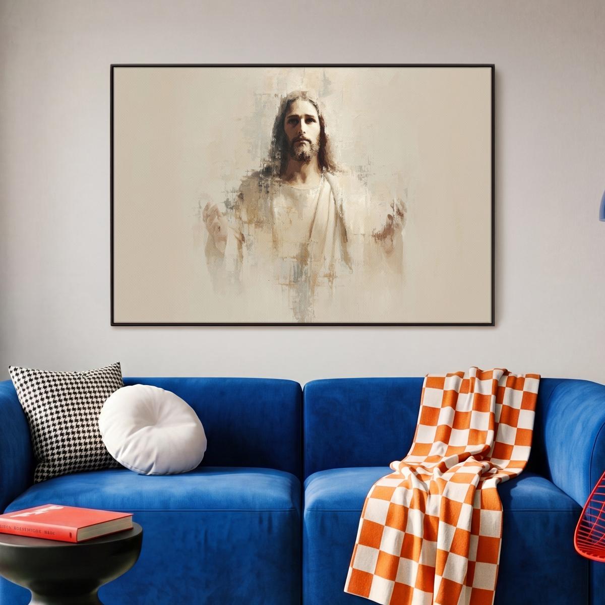 LEINWAND Bilder mit Rahmen - Porträt - Abstrakt - Jesus - Beige - 90x60 - Beige, Textil (90/60cm) - MuchoWow