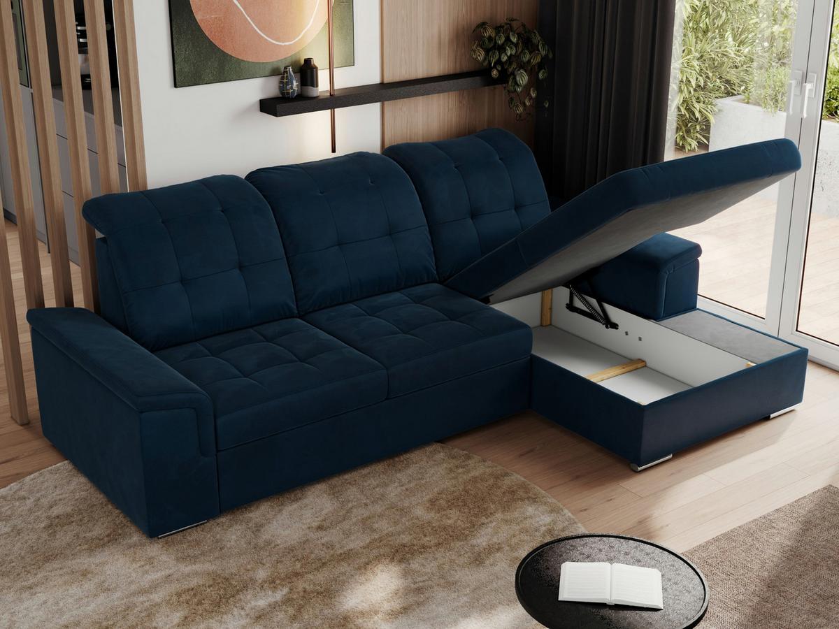 ECKSOFA MADRITO L - Dunkelblau Velorus - Rechts - Silberfarben/Dunkelblau, Textil/Metall (256/160cm)