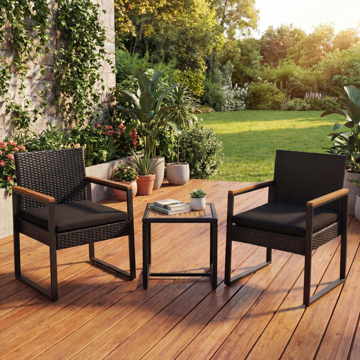 POLY-RATTAN GARNITUR Schwarz - Schwarz, Kunststoff - MCW