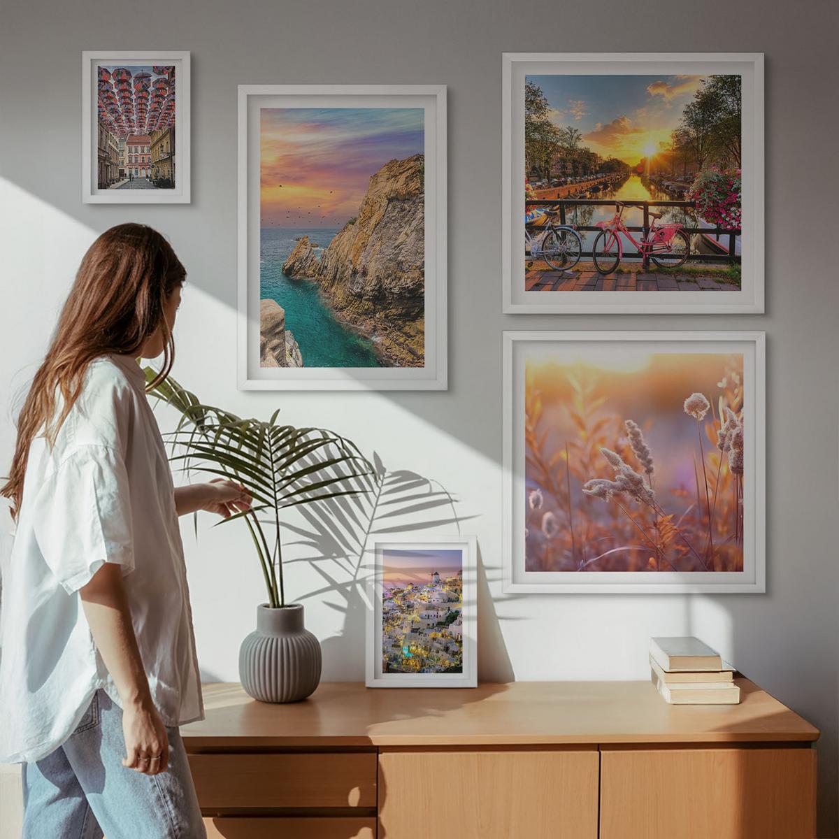 BILDER SET 5er Set - 50x50 cm & 20x30 cm & 40x60 cm Weißer Rahmen - Sonnenuntergänge am Meer - Weiß, Kunststoff (40/60cm) - TULUP