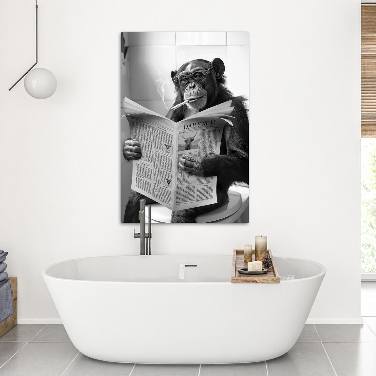 LEINWANDBILD Affe - WC - Zeitung - Schwarz-Weiß - Humor Deko XXL 80x120 cm - Hellgrau, Textil (80/120cm) - MuchoWow