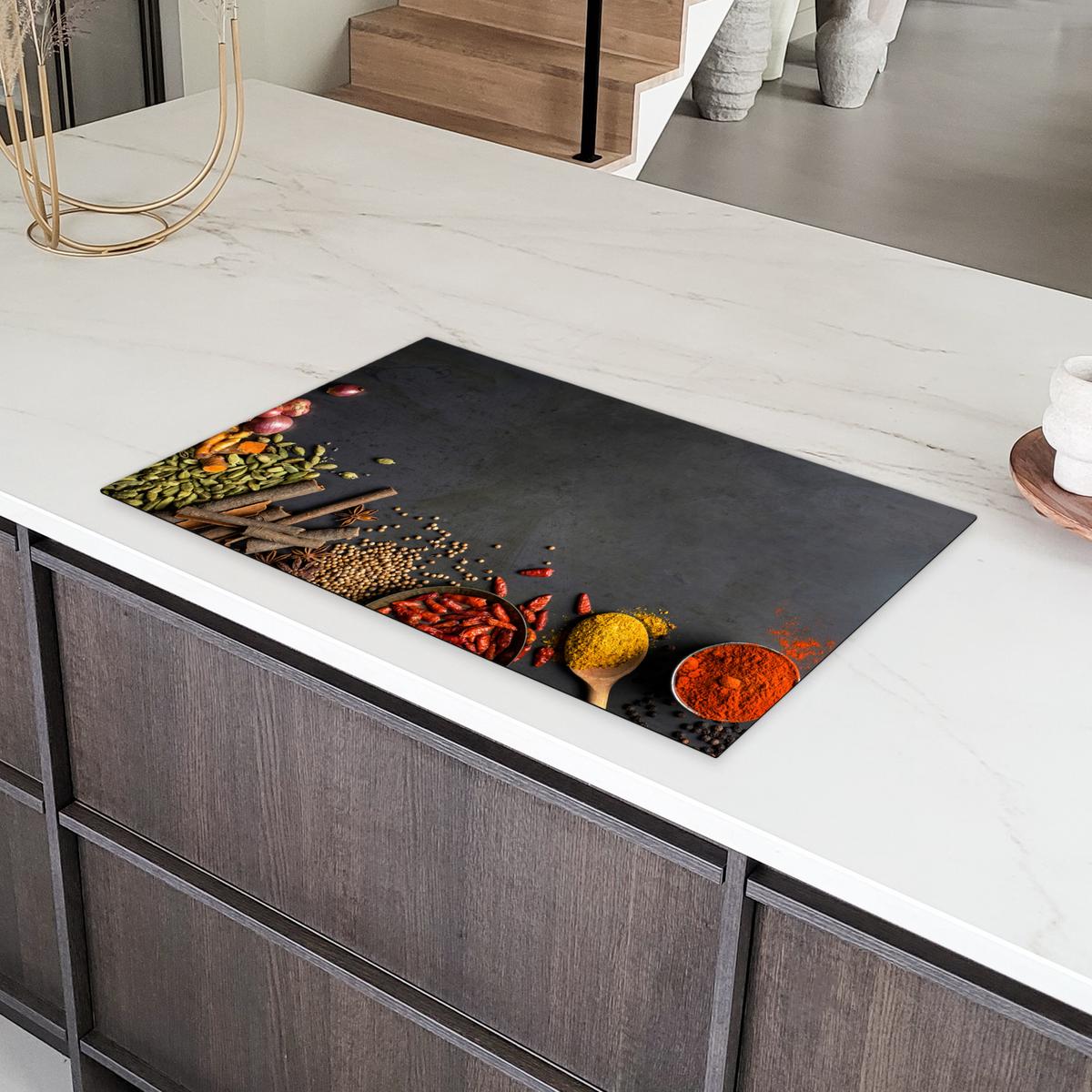 HERDABDECKPLATTE Kräuter - Lebensmittel - Gewürze - Schwarz - Paprika - Zimt Ceranfeldabdeckung 85x52 cm - Currygelb, Kunststoff (85/52/0.2cm) - MuchoWow