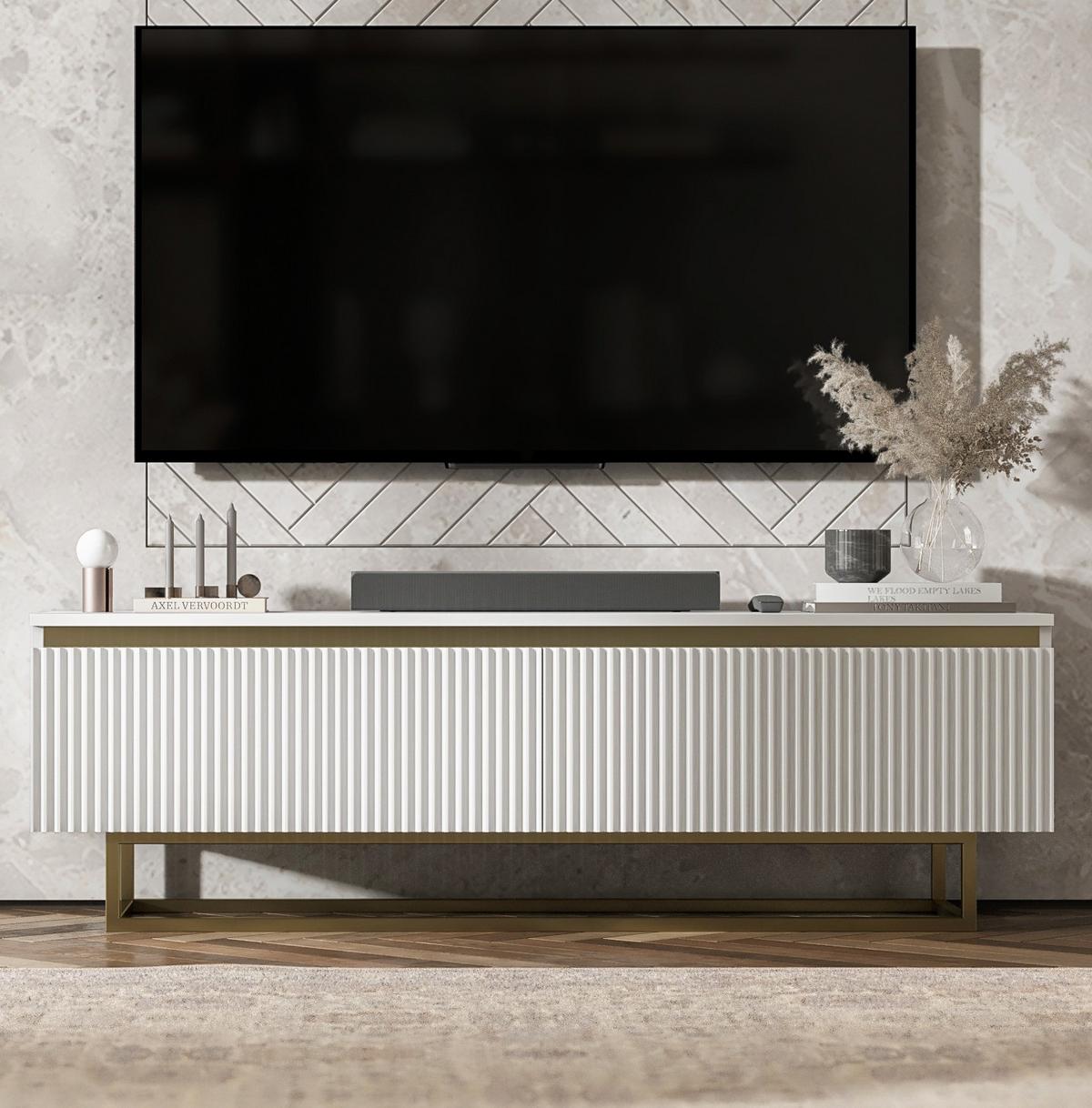 TV-SCHRANK Selene Glamour Weiß Matt mit Metallrahmen 140 cm - Goldfarben/Weiß, Holzwerkstoff/Metall (140/44/35cm) - Meble Lindner