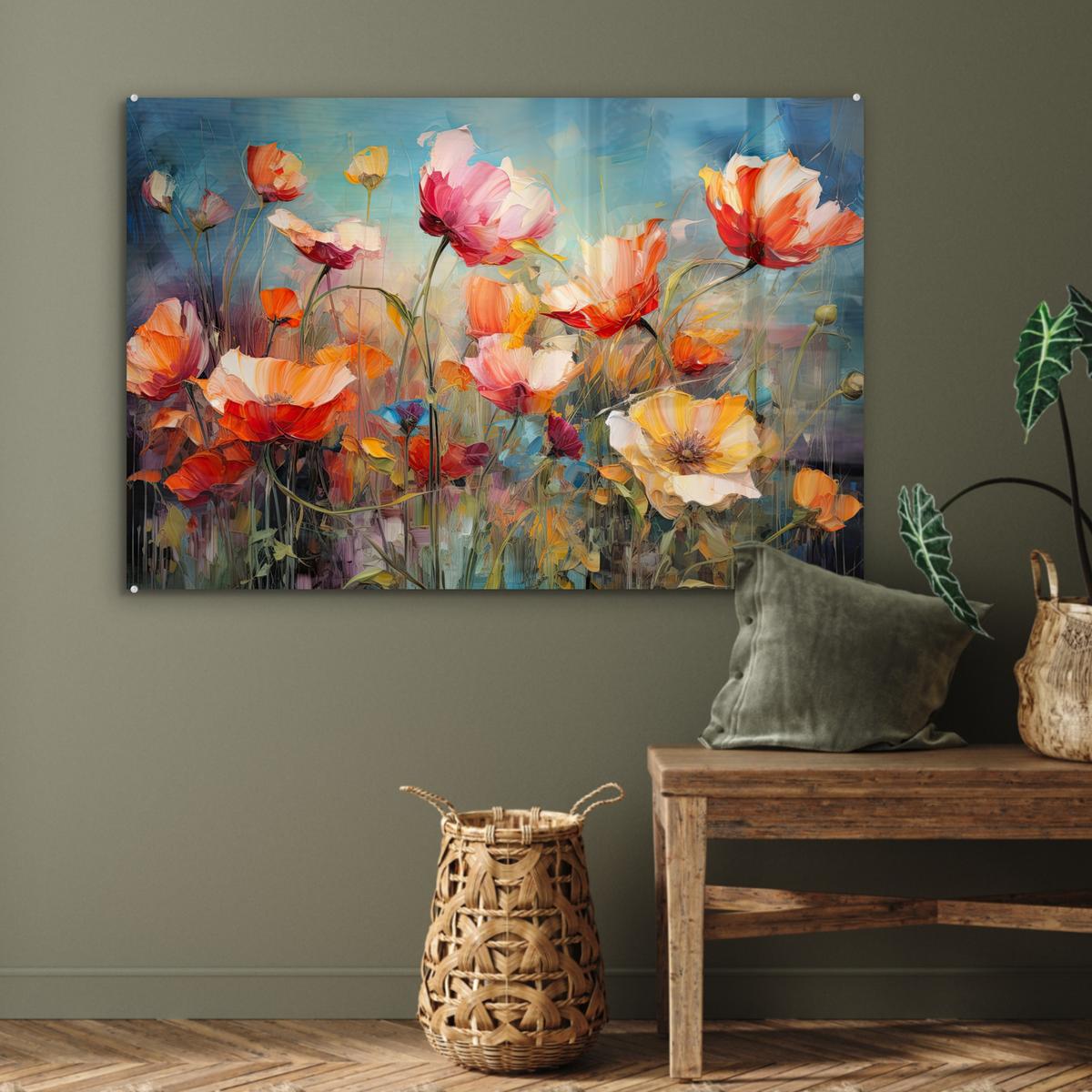 ACRYLGLASBILD Blumen - Aquarell - Kunst - Botanisch - Natur Wandbild Schlafzimmer 120x80 cm - Orange, Glas (120/80cm) - MuchoWow