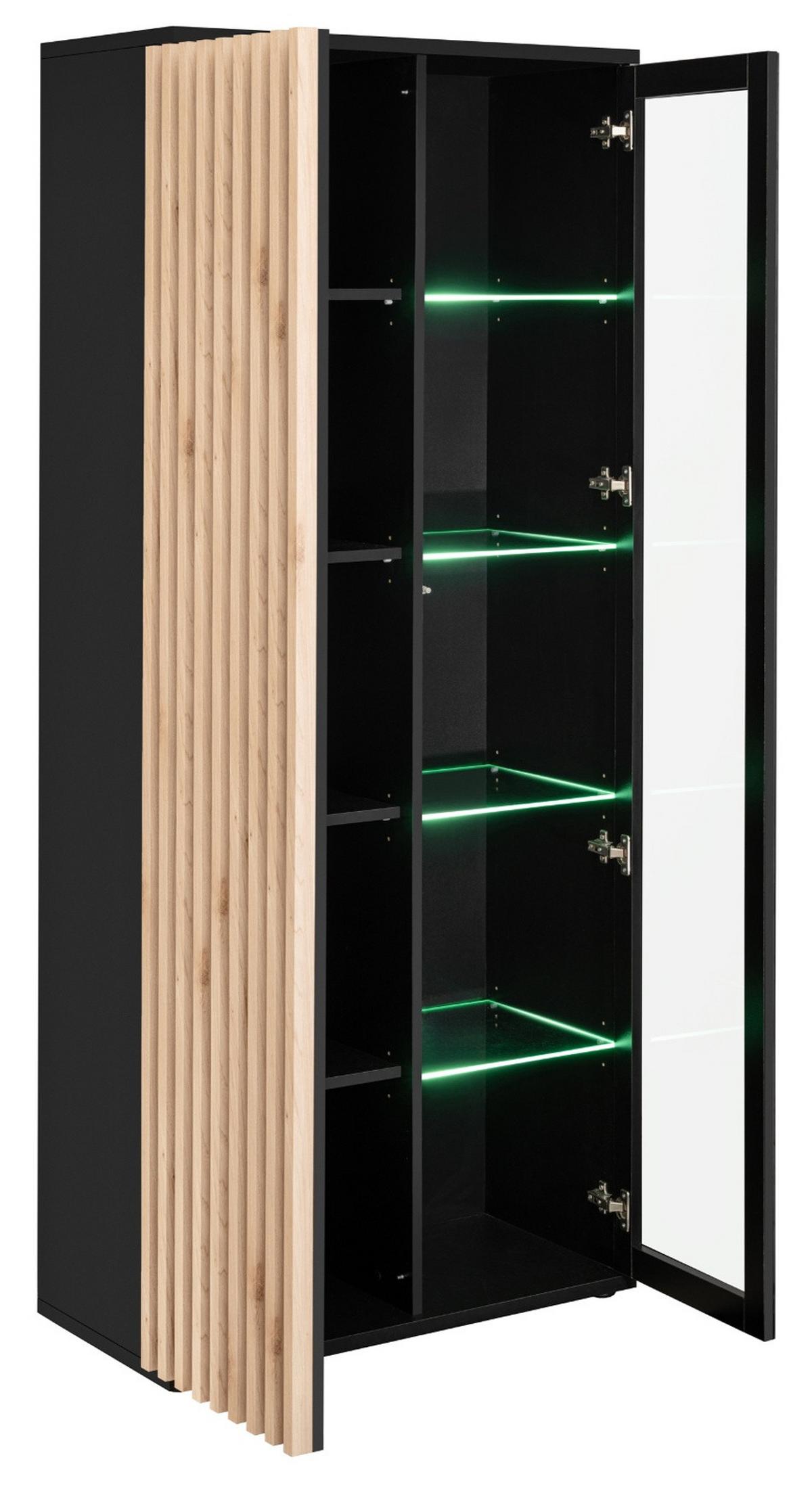 VITRINE schwarz, Eiche Jackson, Vitrinenschrank mit 3D-Lamellen inklusive Beleuchtung - Eichefarben/Schwarz, Glas/Holzwerkstoff (80/192/40cm) - Furn.Design