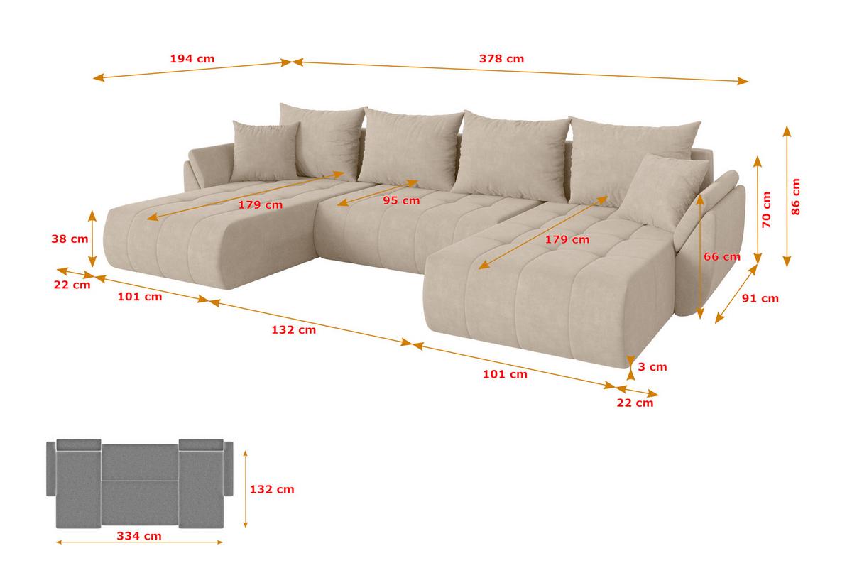 WOHNLANDSCHAFT mit Schlaffunktion und Bettkasten TOKO-U 378x194x86 Beige Velours - Schwarz/Sahara, Holzwerkstoff/Kunststoff (378/86/194cm) - ALTDECOR