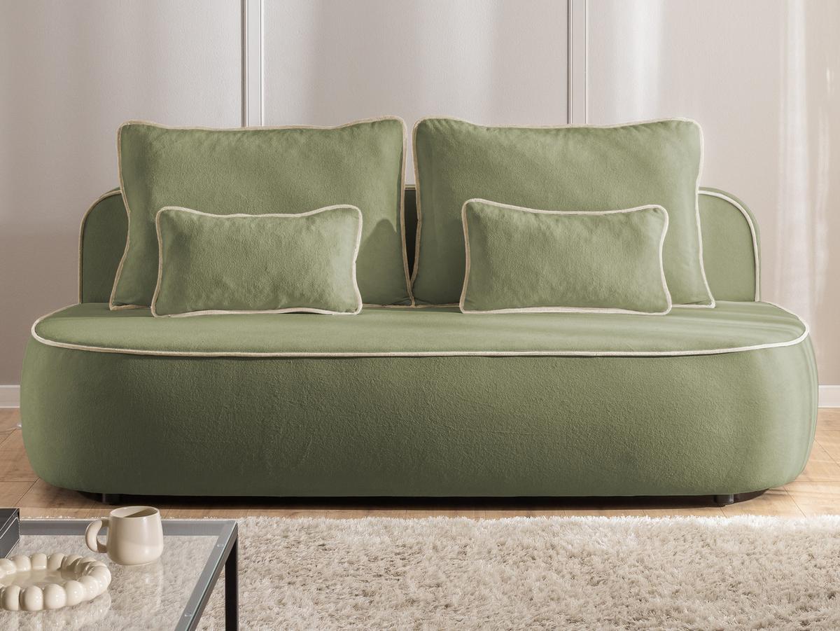 KINDERSOFA Vero im modernen und abgerundeten Design mit Schlaffunktion und Bettkasten aus Olivgrün Plüschstoff mit beiger Paspel - Schwarz/Olivgrün, Holz/Kunststoff (210/90/98cm) - S-Style Möbel