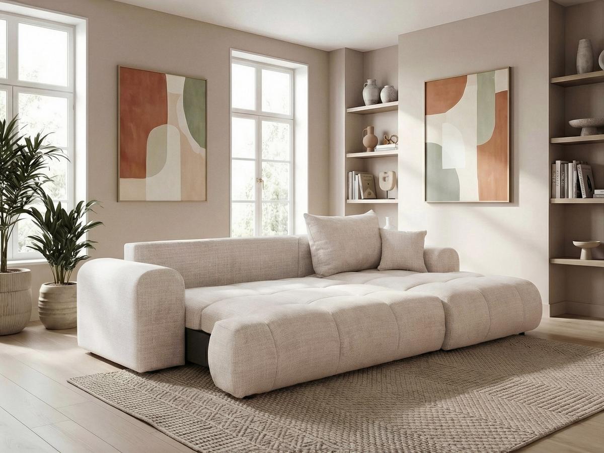 ECKSOFA MILANO Rechts mit Schlaffunktion und Bettkasten Creme - Creme, Kunststoff/Textil (265/145cm) - Idohome