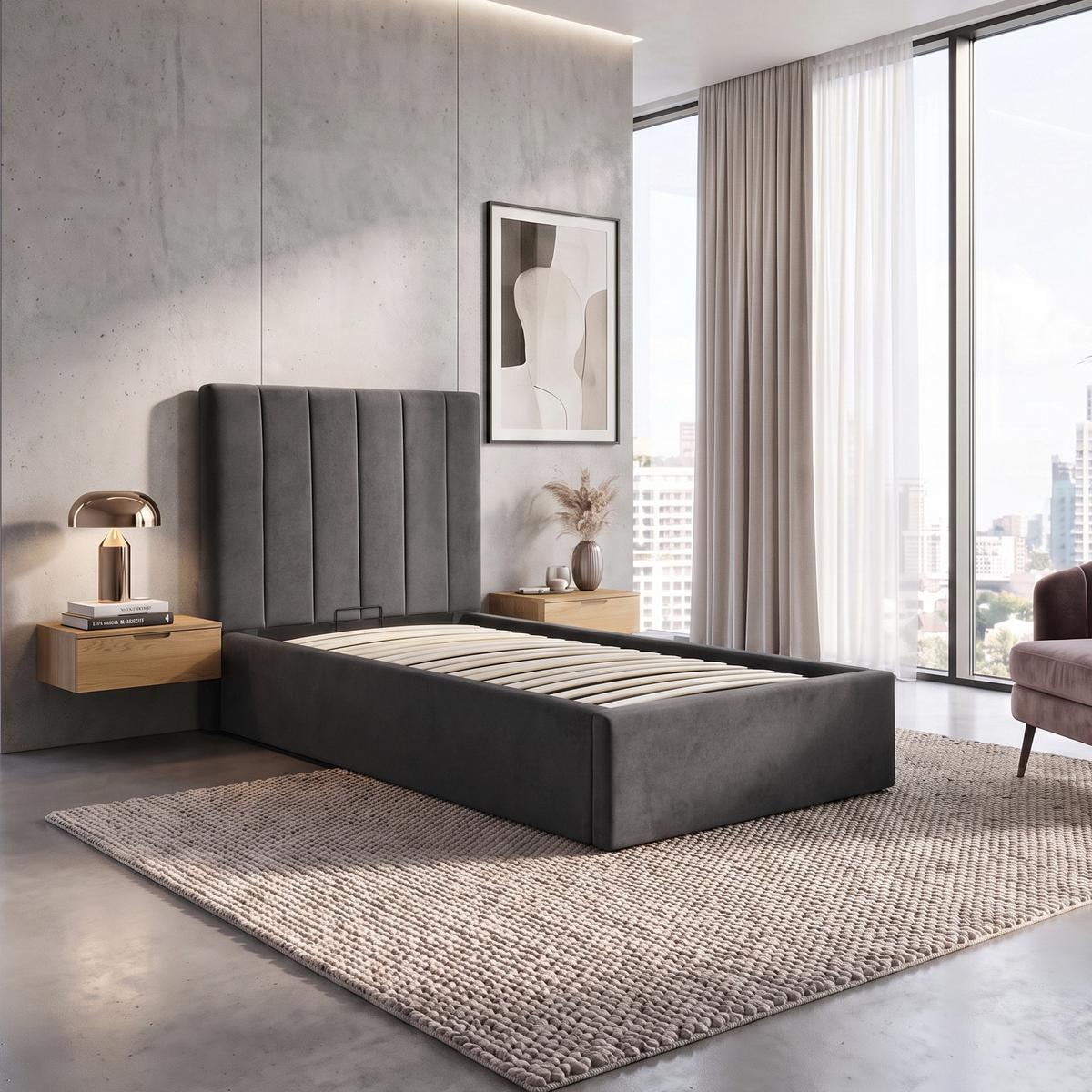 POLSTERBETT Melvio Einzelbett 90x200 cm mit Bettkasten und hohem Steppkopfteil, ohne Matratze, Dunkelgrau - Dunkelgrau, Textil (90/200cm) - Beautysofa