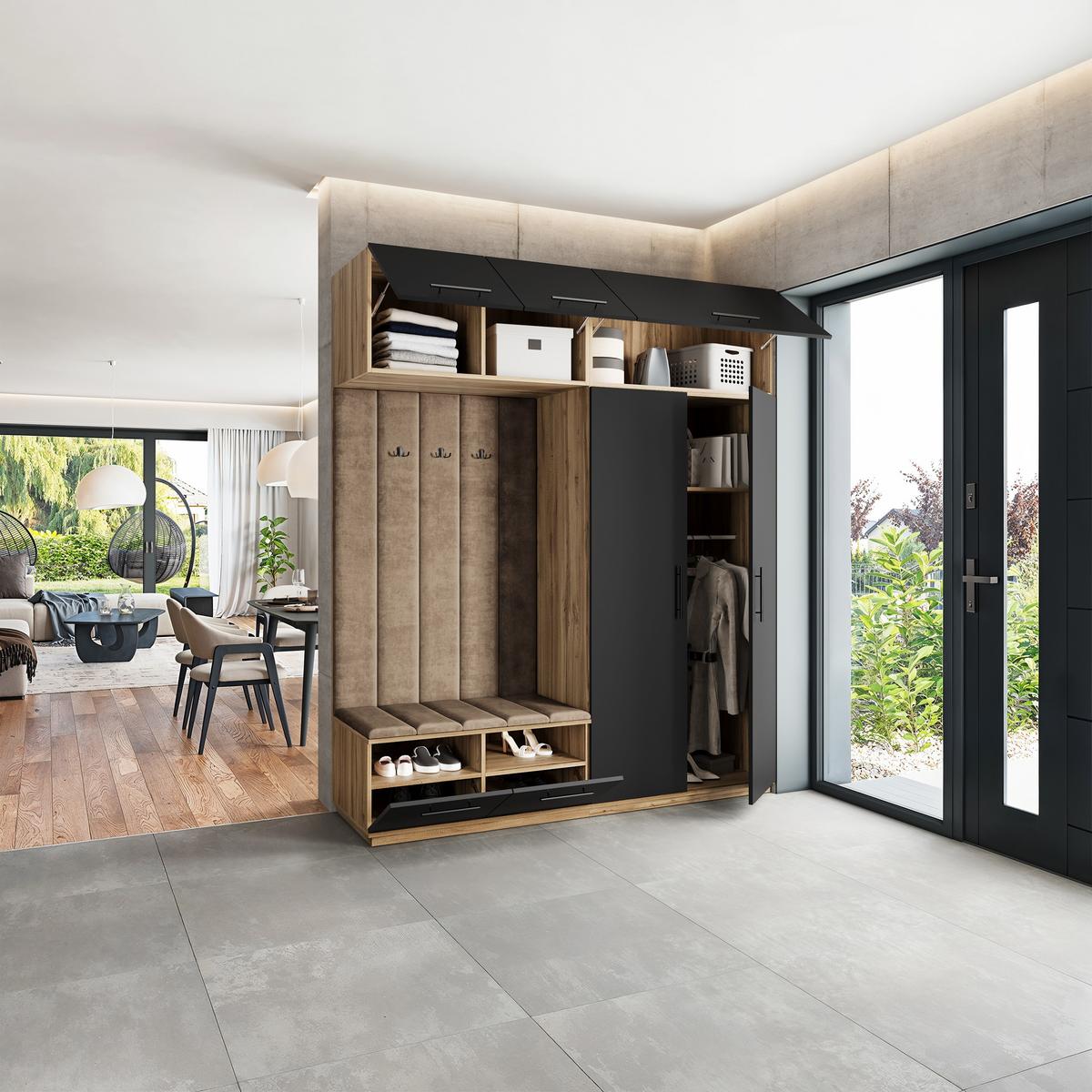 GARDEROBENSCHRANK REMA 200/240/60 cm Modern Garderobe-Set Eiche Wotan - Eiche Wotan/Schwarz, Holzwerkstoff (200/240/60cm) - MASSENO