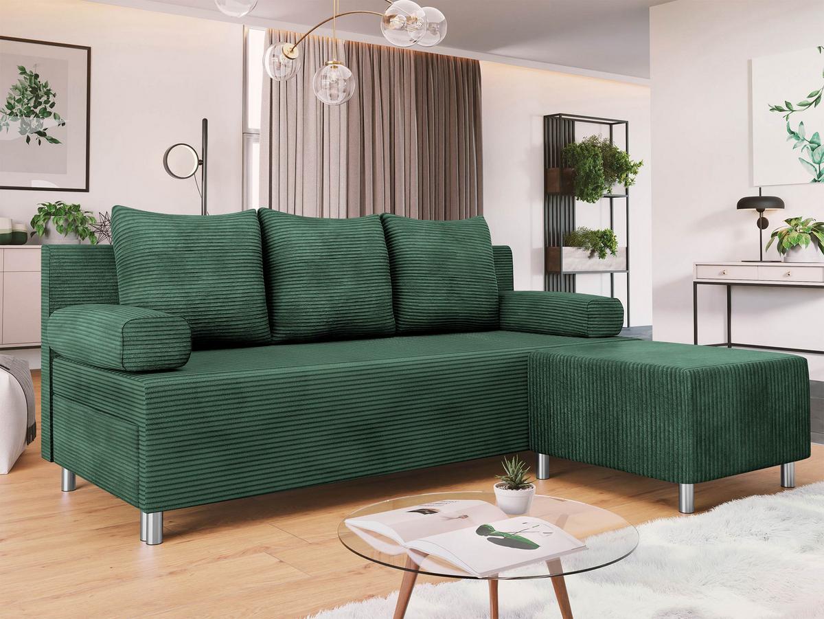 SCHLAFSOFA Dover Cord mit Polsterhocker - Chromfarben/Grün, Holz/Kunststoff (192/80cm) - MIRJAN24
