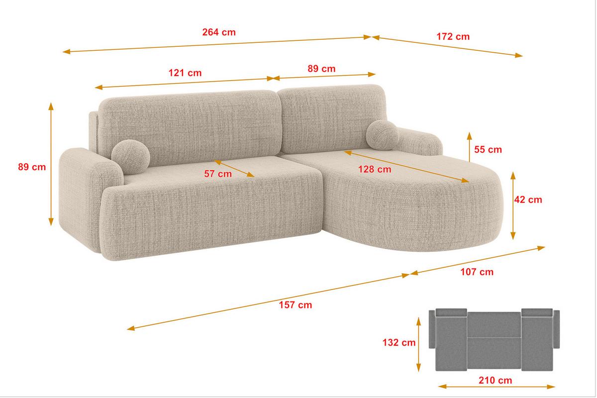 ECKSOFA mit Schlaffunktion und Bettkasten LIRA-L - 264x172x89 Beige - Beige, Holzwerkstoff/Textil (172/264cm) - ALTDECOR