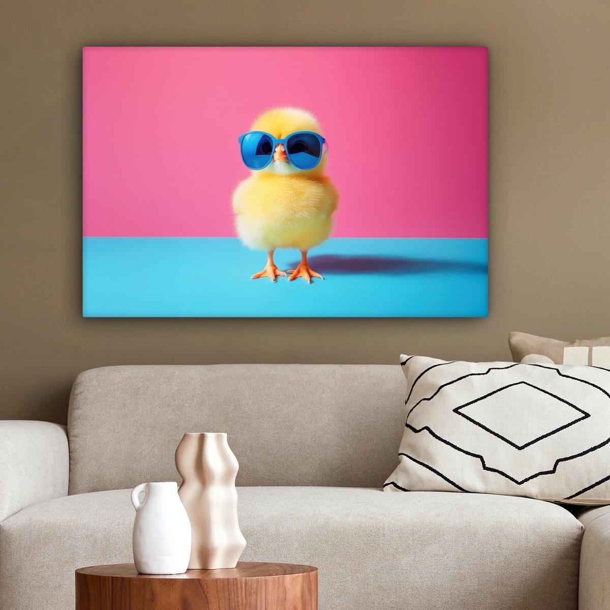 LEINWANDBILD Chick - Sonnenbrille - Blau Gemälde 60x40 cm - Pink/Gelb, Textil (60/40cm) - MuchoWow