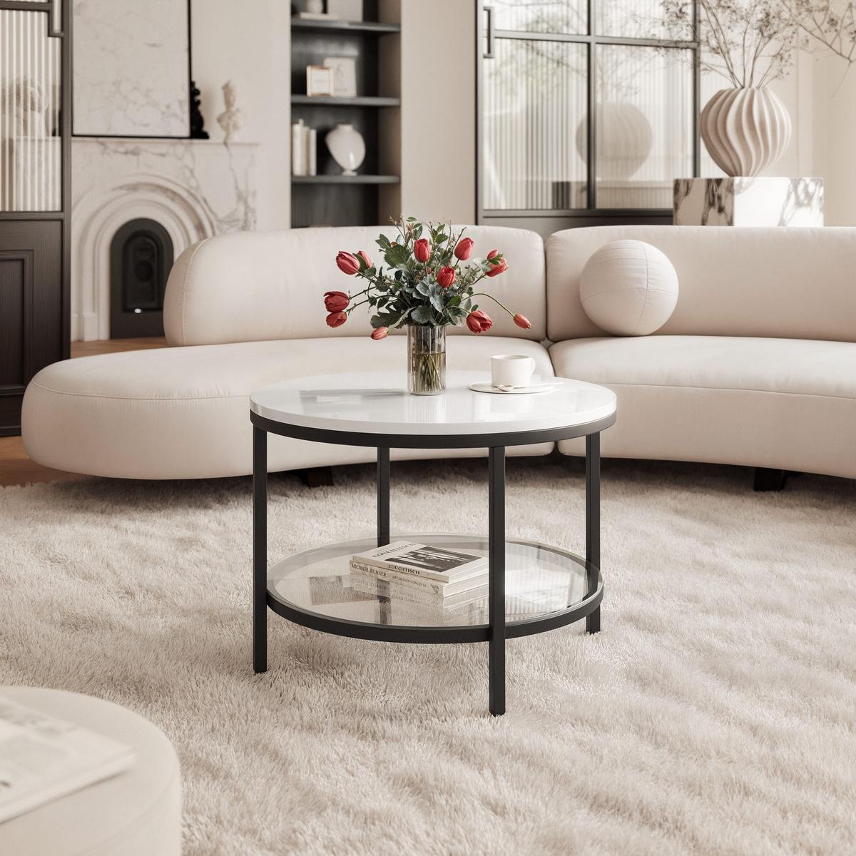 COUCHTISCH CANDY 60/42 cm runden, Schwarz / Weiß Hochglanz - Weiß Hochglanz/Schwarz, Glas/Metall (60/60/42cm) - Idohome