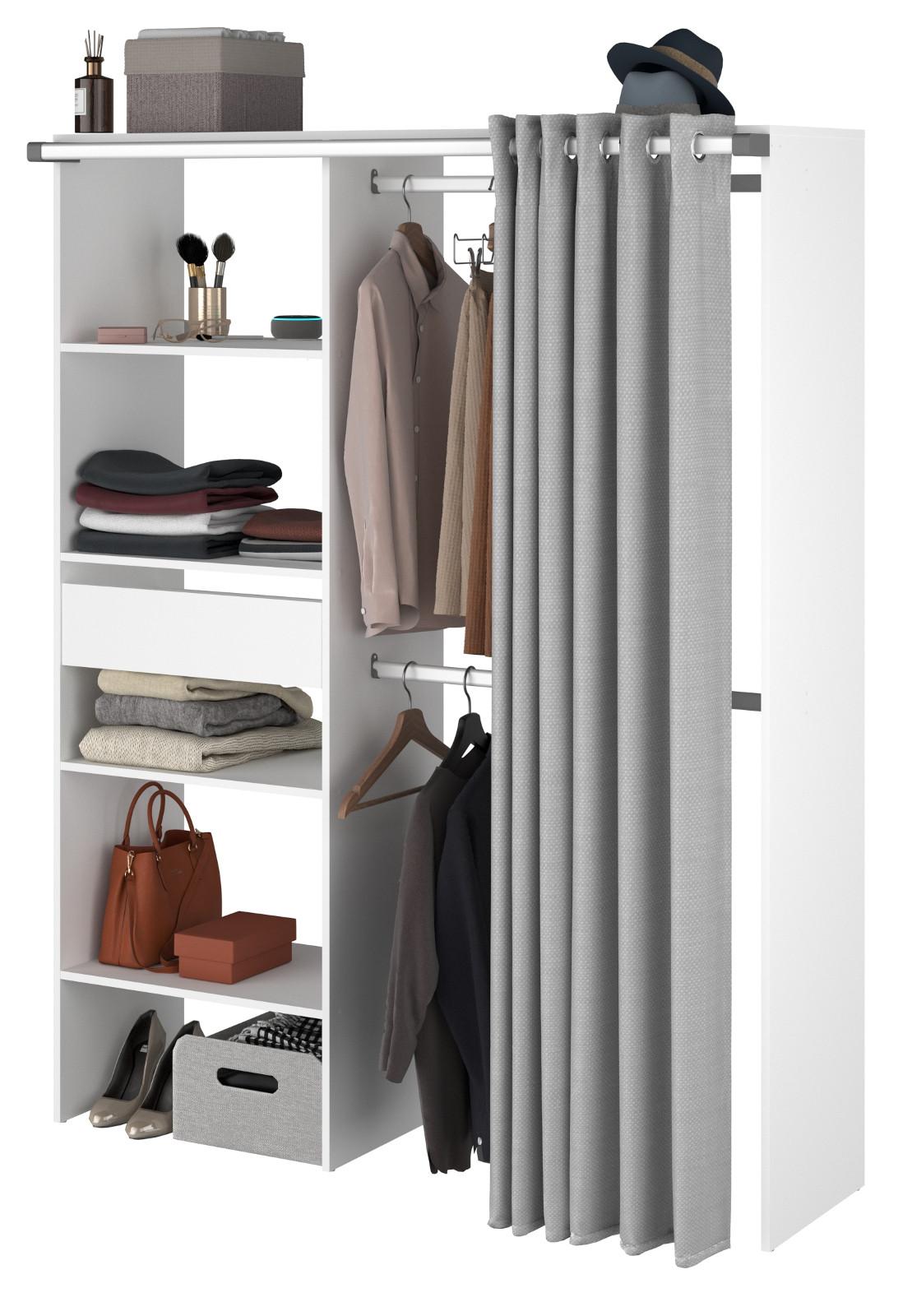 KLEIDERSCHRANK weiß, grau, Mehrzweckschrank 143 cm mit Vorhang - Weiß/Grau, Holzwerkstoff/Textil (143/182/48cm) - Parisot Meuble
