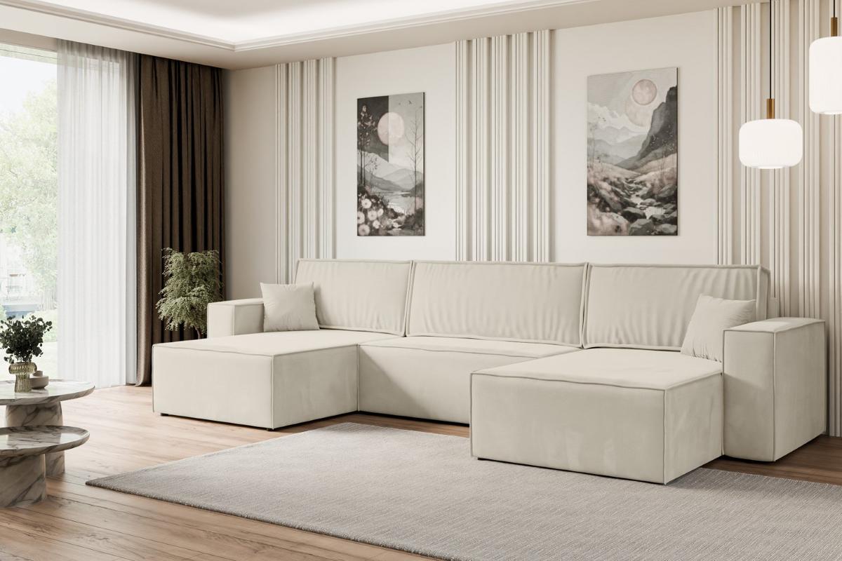 WOHNLANDSCHAFT mit Schlaffunktion und Bettkasten CELTIC-XLU - 377x143x83 cm Beige Velours - Beige/Creme, Holzwerkstoff/Kunststoff (377/83/143cm) - ALTDECOR