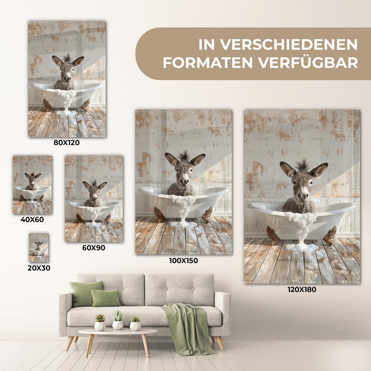 ACRYLGLASBILD Esel - Tiere - Badewanne - Schaumstoff 80x120 cm - Weiß, Glas (80/120cm) - MuchoWow
