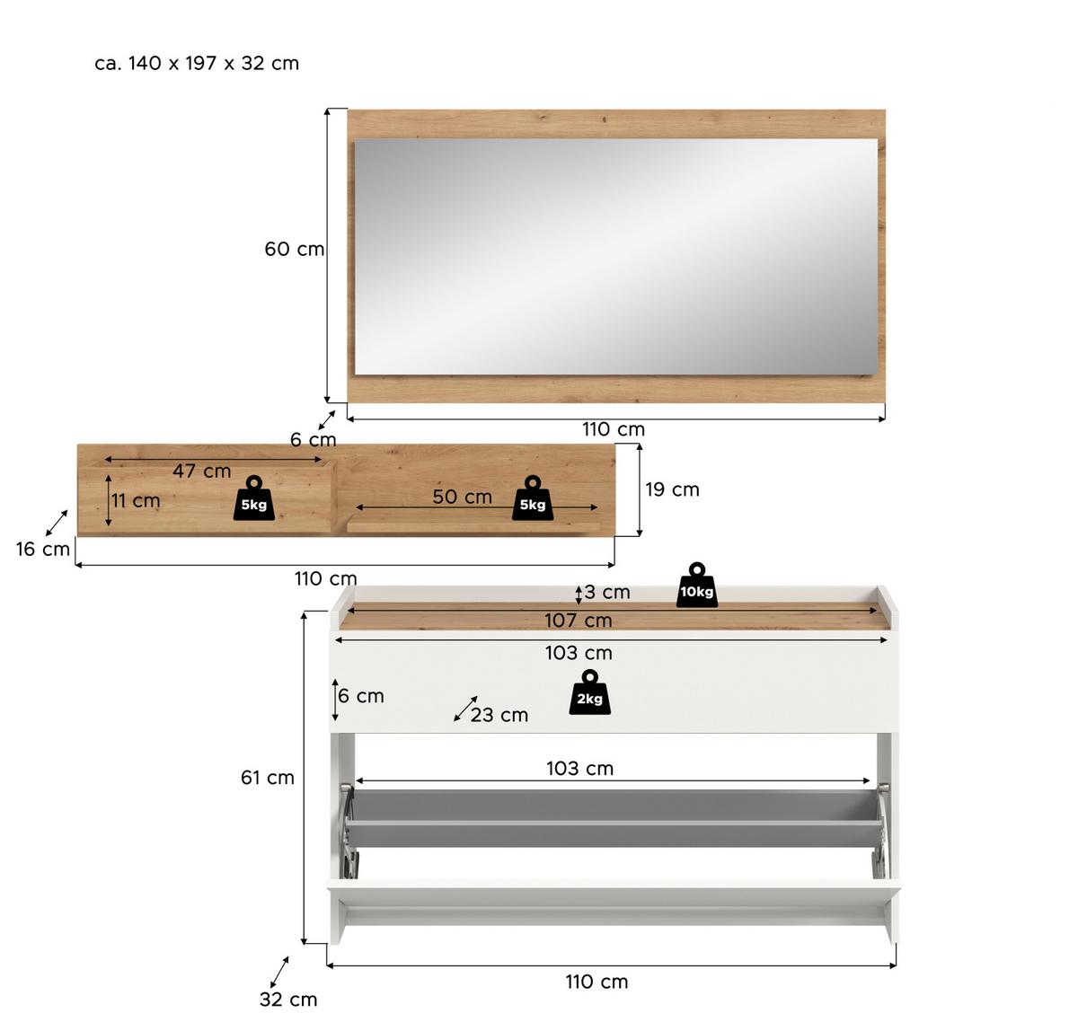 GARDEROBE-SET weiß und Artisan Eiche, Garderobe 3-teilig, 140 x 197 cm, Borga - Weiß/Eiche Artisan, Holzwerkstoff (140/197/32cm) - Inn.Furn