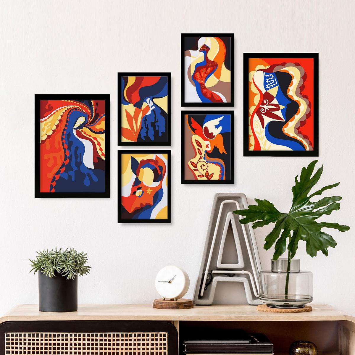 POSTER Set Mit 6 Verlockender Charme In Weibliche Zusammenfassung Ästhetische Dekorative Gemälde Für Ihr Wohnzimmer Zuhause A3 & A4 Schwarzer Rahmen - Schwarz, Papier (29/3cm) - Nacnic
