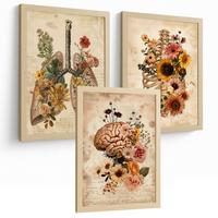 POSTER Set aus 3 Anatomie Mensch Florale Drucke und Wandbilder mit Lungen Brustkorb und Gehirn Botanischer Antiker Stil Größe Leichter Holzrahmen A4 - Beige, Papier (21/29.7/3cm) - Nacnic