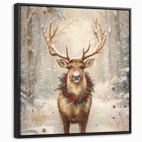LEINWAND Bilder mit Rahmen - Weihnachten - Rentier - Winter - Kranz - 50x50 - Naturfarben, Textil (50/50cm) - MuchoWow