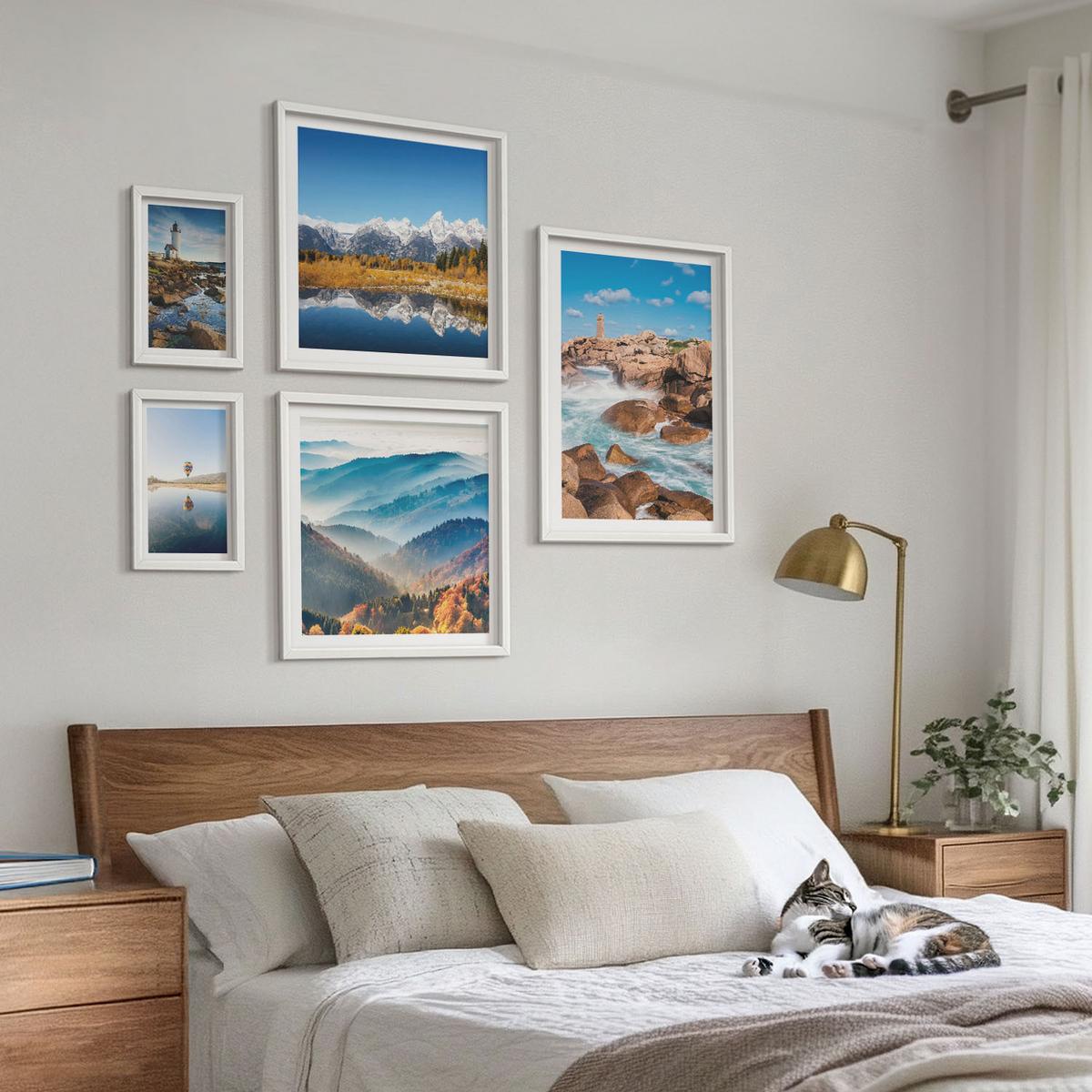 BILDER SET 5er Set - 50x50 cm & 20x30 cm & 40x60 cm Weißer Rahmen - Ausblicke auf die Natur, Leuchtturm, Berge - Weiß, Kunststoff (40/60cm) - TULUP