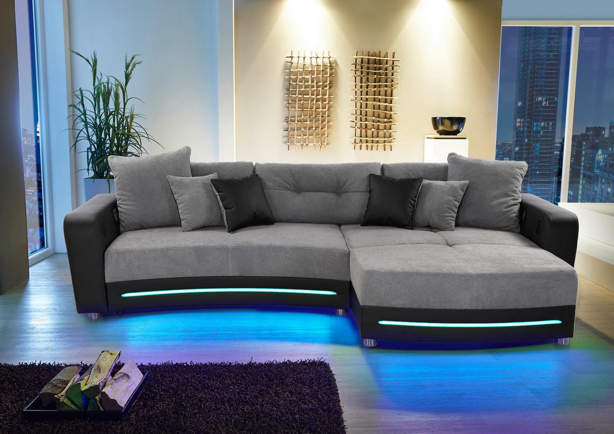 MULTIMEDIA-ECKSOFA Soundsystem RGB-LED Beleuchtung Bluetooth USB AUX-in,seitenverkehrt montierbar B322/T190/H88cm,Kunstleder Schwarz-Mikrof.Grau/15411 - Chromfarben/Schwarz, Kunststoff/Textil (322/88/190cm) - luma-home