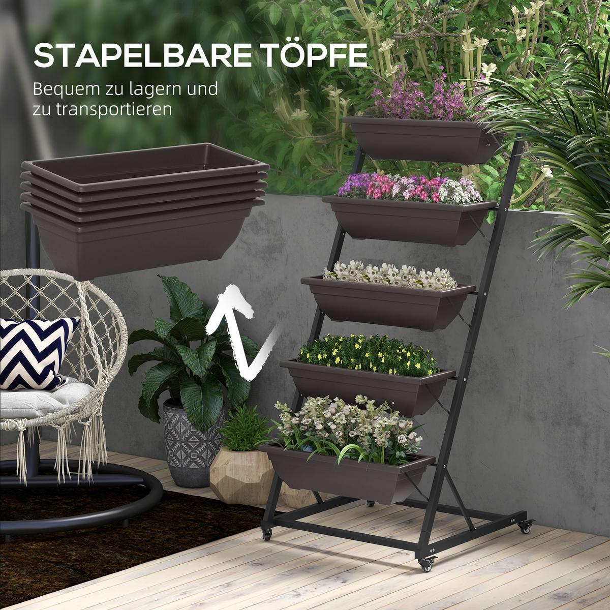 BLUMENTREPPE mit Rollen Braun 65/67/145 cm - Braun, Metall (67/145/65cm) - Outsunny