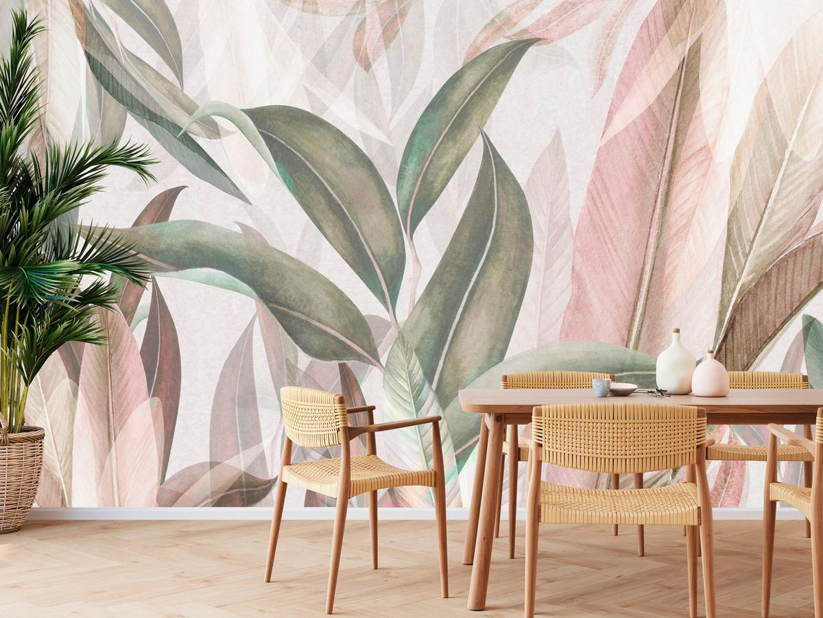 FOTOTAPETE für Wohnzimmer Empfindlich Pastell Bananenblätter 500x350 - Beige/Rosa, Papier (500/350cm) - Muralo