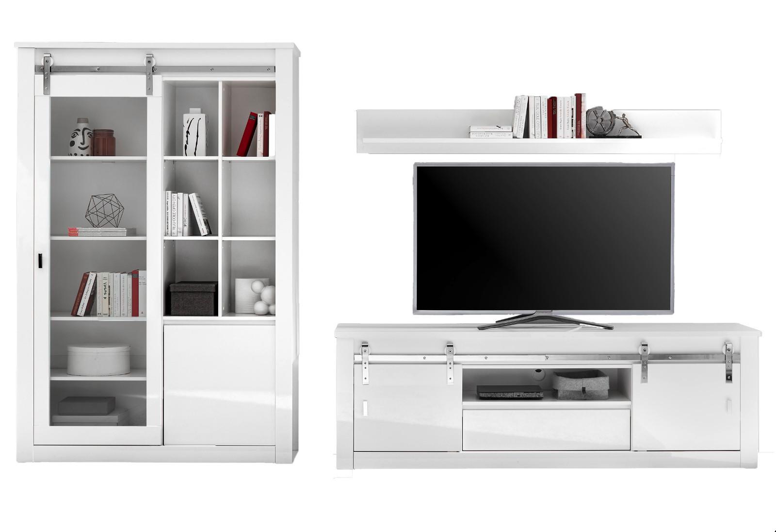 WOHNWAND weiß Hochglanz 349 cm 3-teilig, Wohnkombination inklusive LED-Beleuchtung, Soft-Close - Chromfarben/Weiß Hochglanz, Glas/Holzwerkstoff (349/201/43cm) - Furn.Design