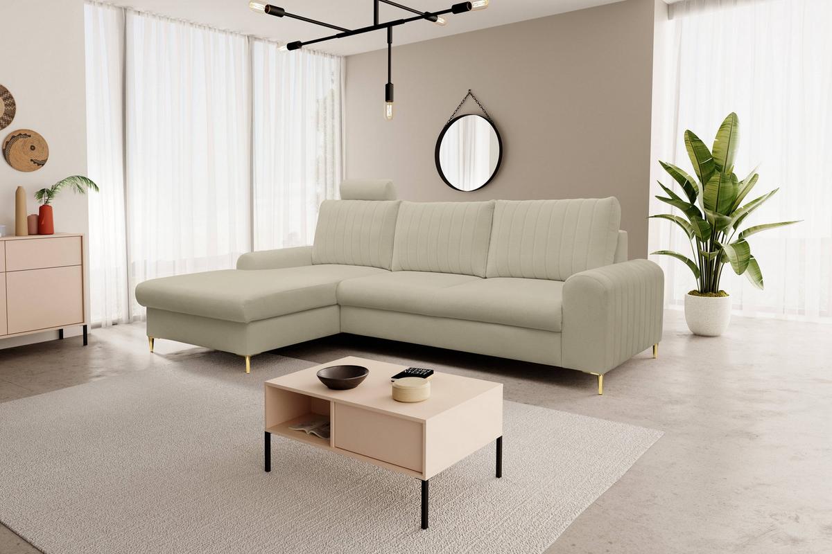 ECKSOFA VERONA L-S Beige Geflochtener Stoff mit Schlaffunktion - Beige, Holz (251/164cm) - MASSENO