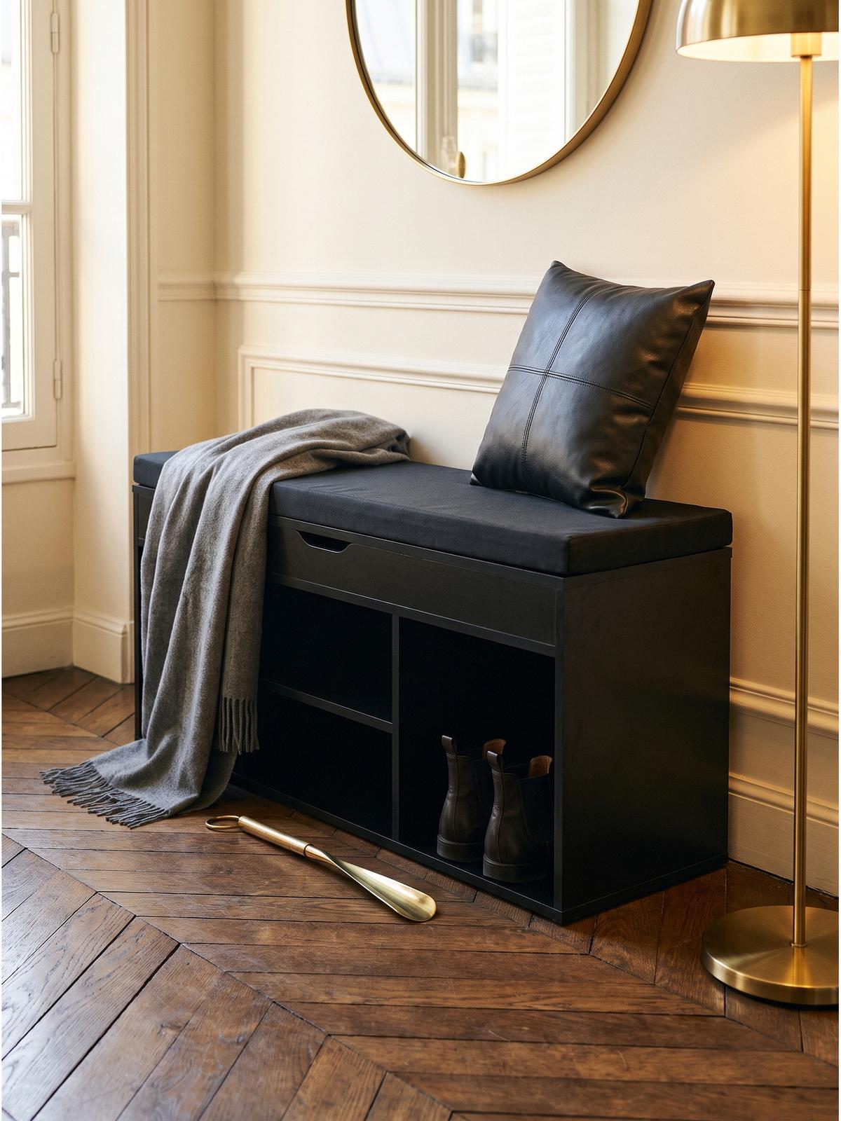 GARDEROBENBANK BASILICATA, Stoff, Schwarz, 104 x 32 x 51 cm - Schwarz, Holzwerkstoff/Textil (104/51/32cm) - KADIMA DESIGN
